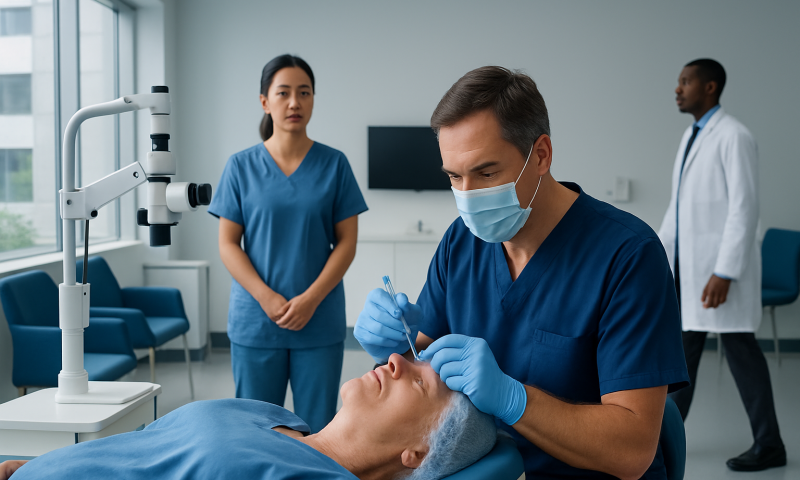 Ophthalmologist performing intravitreal injection on patient in hospital.