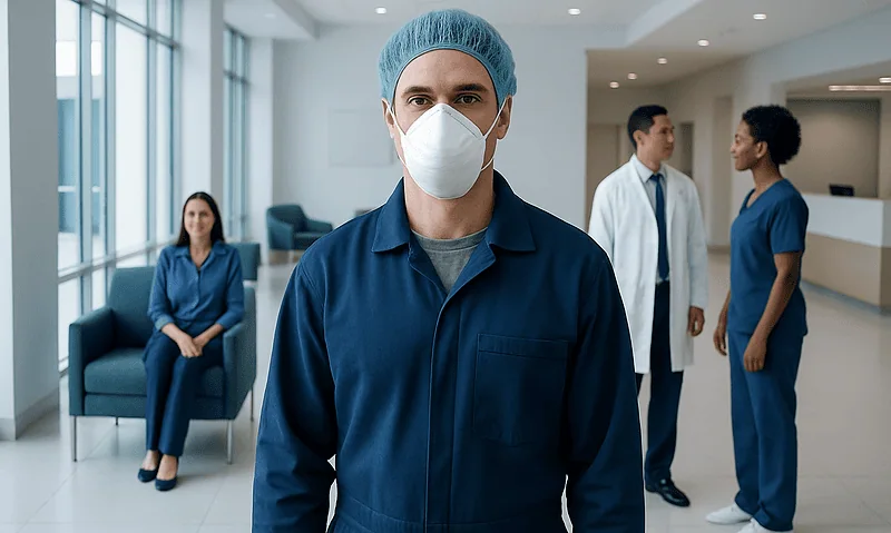 Healthcare professional wearing a mask and scrubs in a hospital lobby.