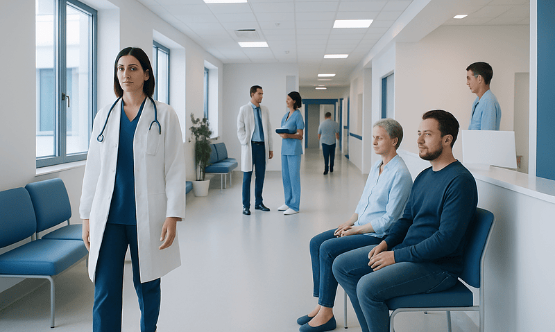 Medical professionals and patients in a modern hospital corridor.