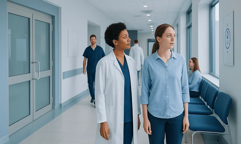 Medical professionals and patient in hospital corridor at Acibadem Hospitals Group.