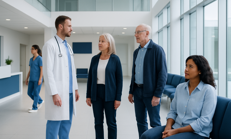 Doctor consulting with elderly patients in hospital lobby.