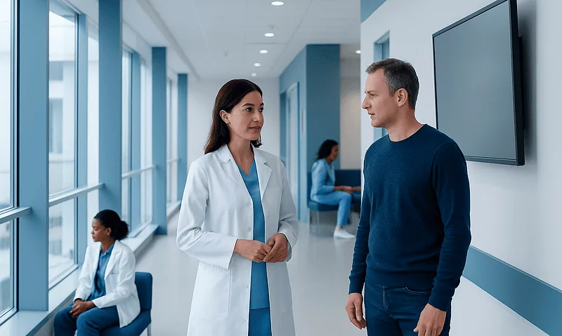 Doctor consulting patient in hospital corridor with waiting area.