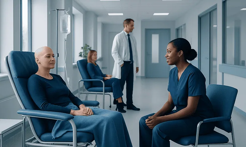 Patient and nurse in hospital corridor during consultation.