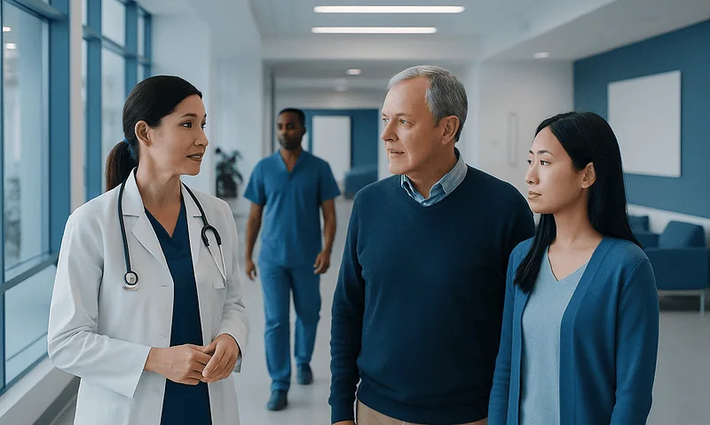 Medical consultation with healthcare professionals in a hospital corridor.