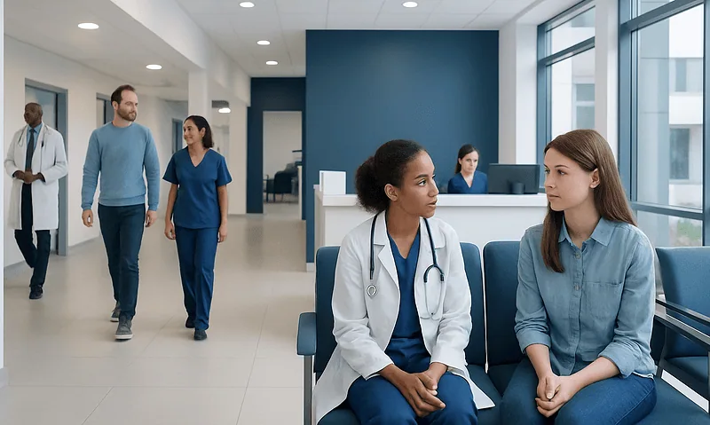 Healthcare professionals and patients in a modern hospital waiting area.
