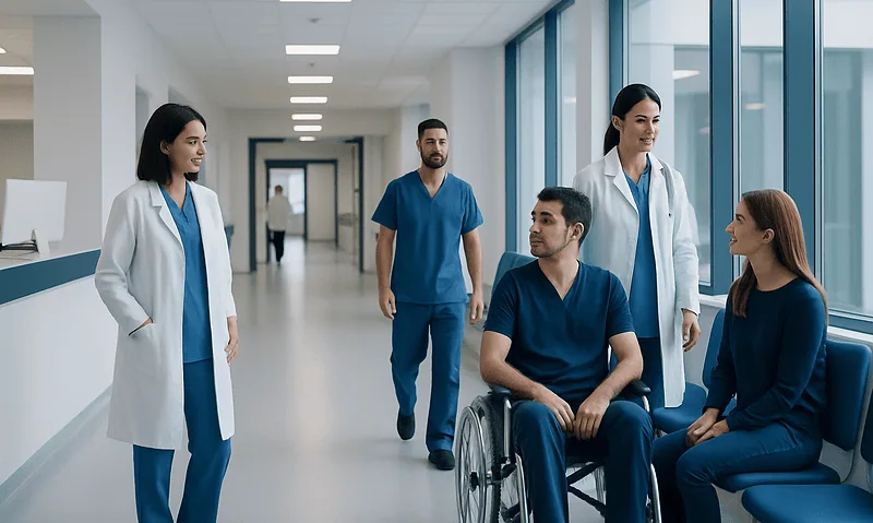 Medical team discussing patient care in hospital corridor.