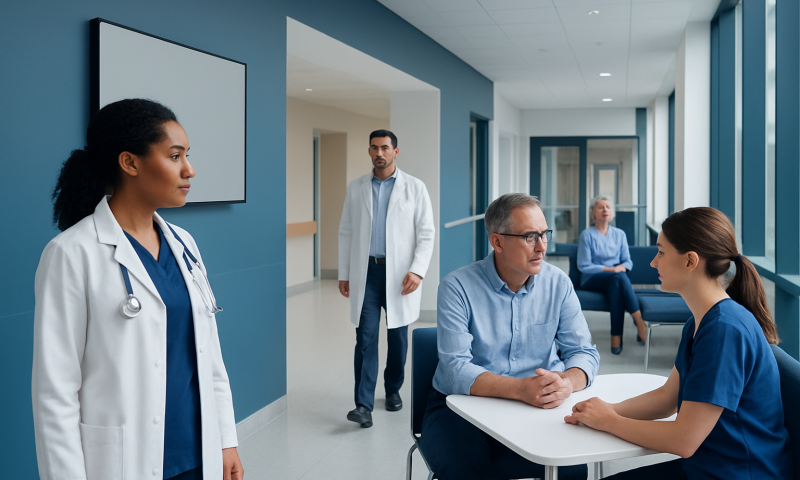 Medical consultation in a modern hospital corridor with doctors and patients.