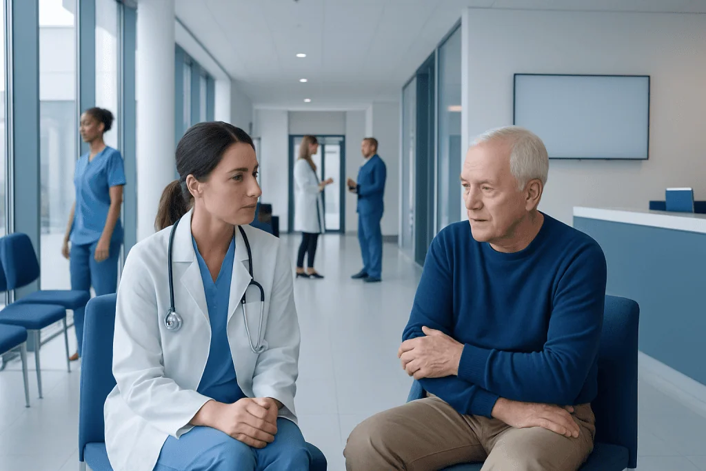 Arthritis in Elbows Treatment: How It Works, Results and What to Expect 1 Doctor consulting with elderly patient in hospital corridor.
