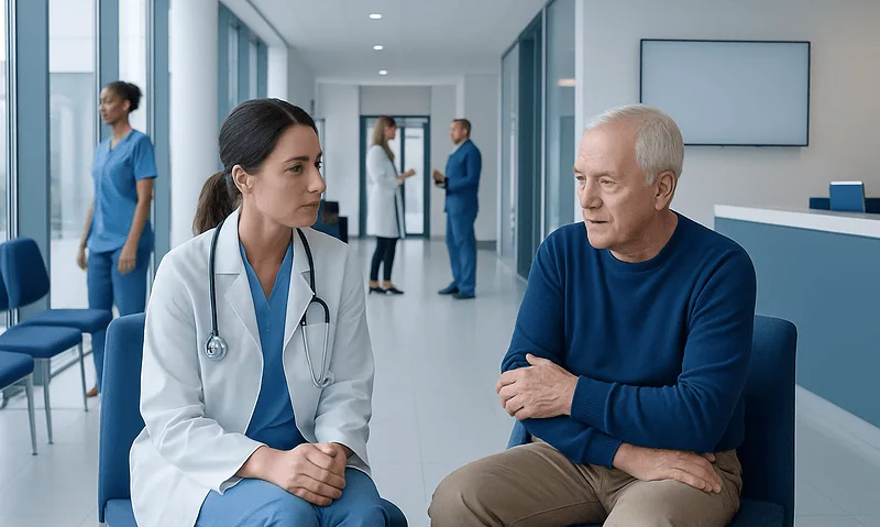 Arthritis in Elbows Treatment: How It Works, Results and What to Expect 4 Doctor consulting with elderly patient in hospital corridor.