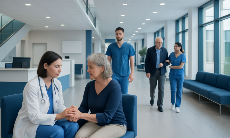 Compassionate doctor consulting elderly patient in modern hospital lobby.