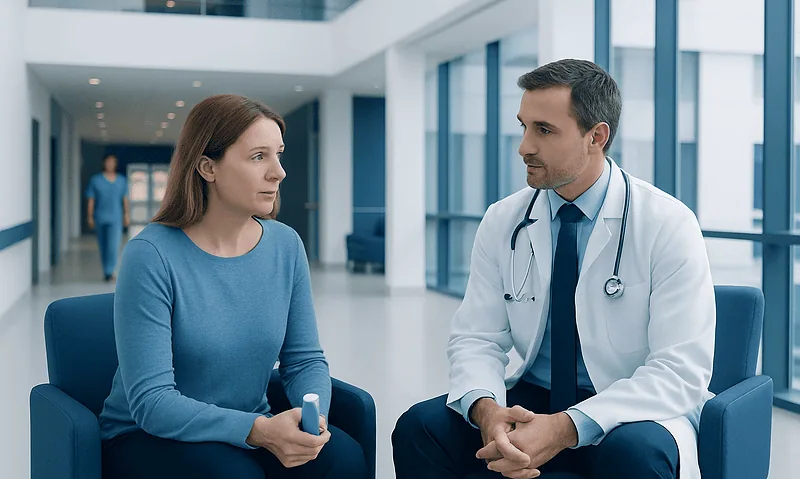 Doctor consulting with a female patient in a modern hospital lobby.