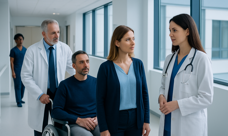 Medical team consulting with patient in hospital corridor at Acibadem Hospitals.