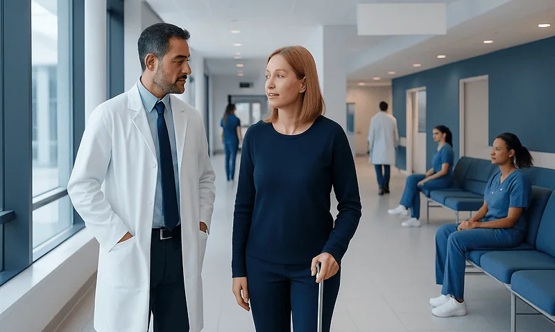 Doctor talking to a patient in a hospital corridor with nurses in the background.
