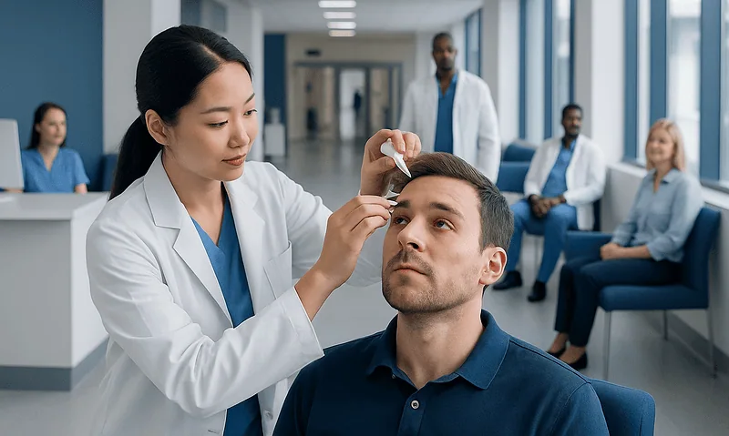 Doctor examining patient's eye in a hospital corridor.