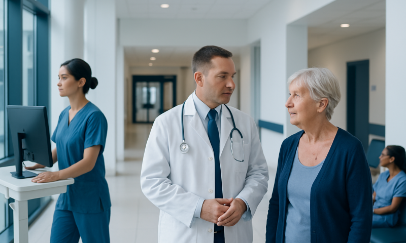 Doctor consulting with an elderly female patient in a hospital corridor.