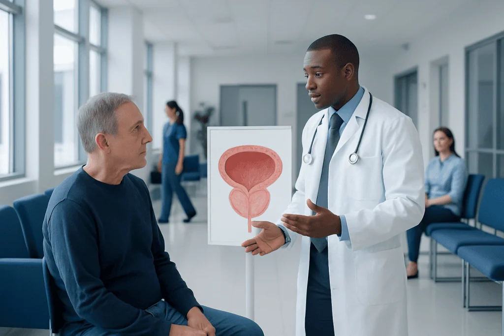 Benign Prostatic Hyperplasia Treatment: How It Works, Results and What to Expect 1 Urologist explaining prostate health to patient in hospital setting.