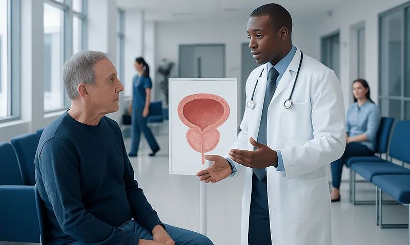 Urologist explaining prostate health to patient in hospital setting.