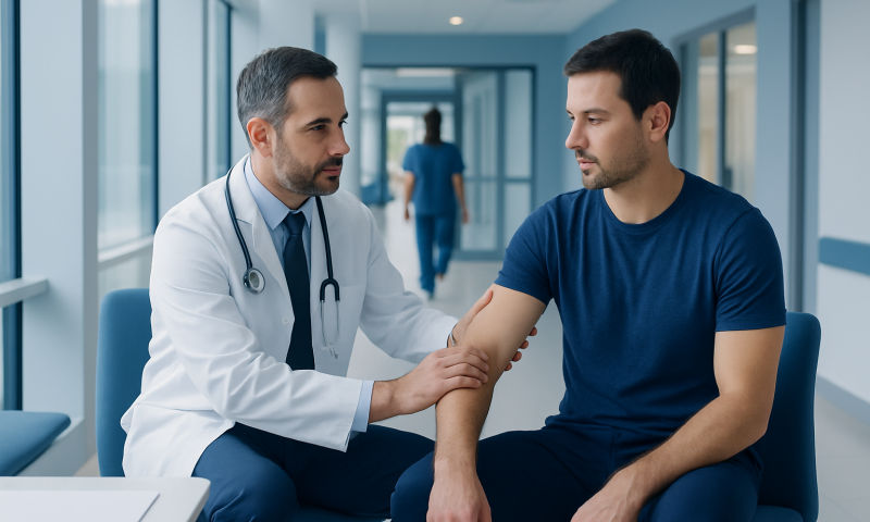 Doctor examining patient's arm in a hospital corridor.