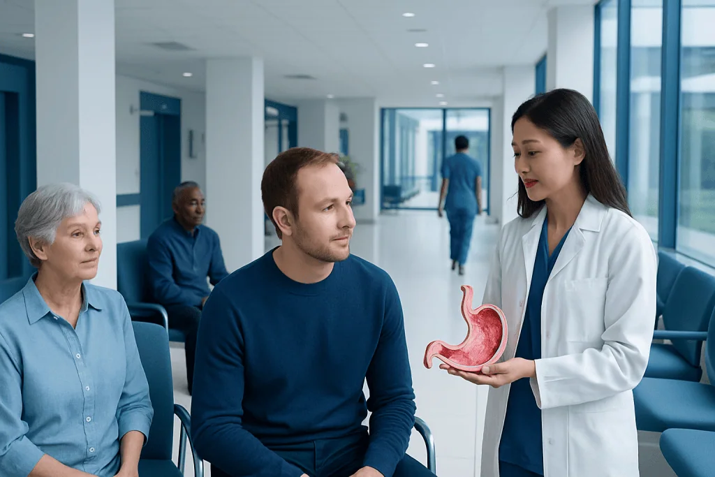 How Big Your Stomach? A Doctor-Reviewed Answer 1 Doctor explaining stomach anatomy to patients in a hospital waiting area.