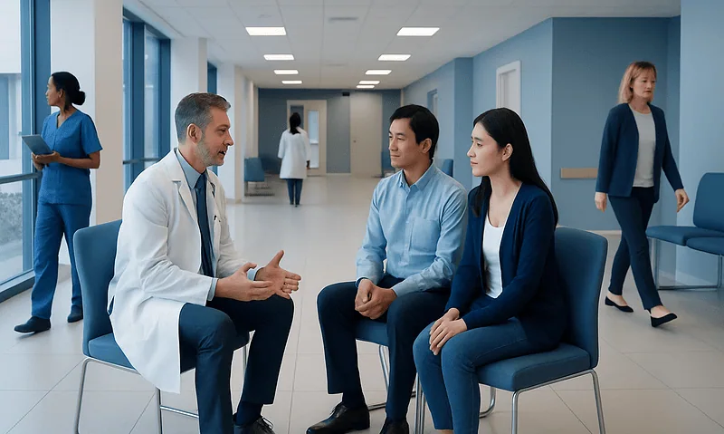 Medical consultation in hospital with doctor and patients in waiting area.