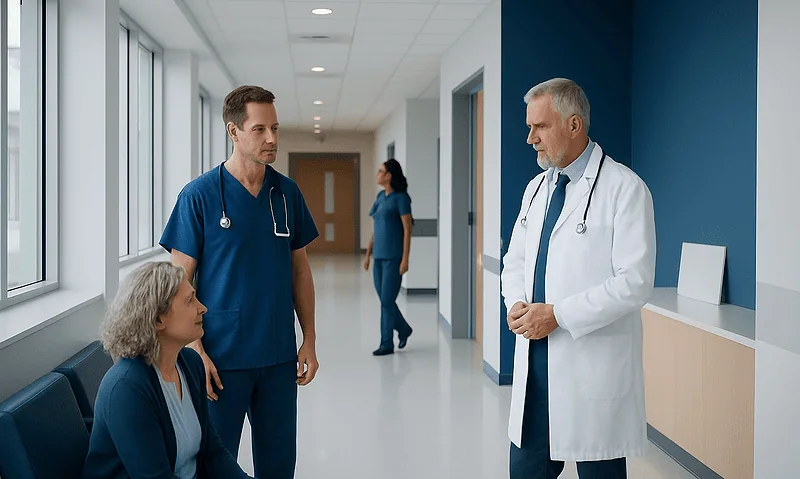 Medical consultation in hospital corridor with doctor and patient.
