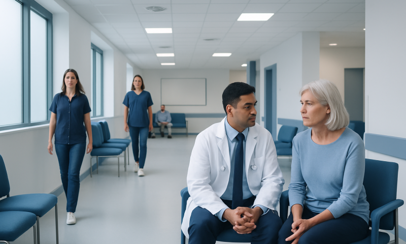 Doctor consulting with an elderly female patient in a hospital corridor.
