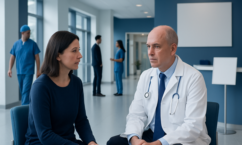 Doctor consulting with a female patient in a modern hospital corridor.