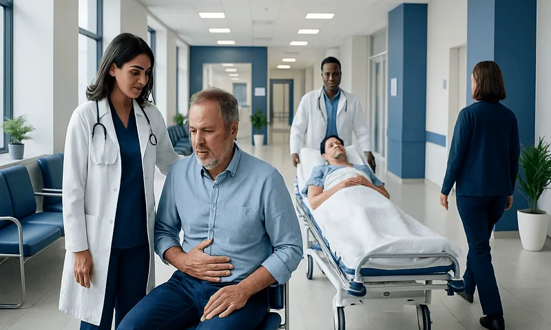 Bleeding Ulcer Treatment: How It Works, Results and What to Expect 7 Doctor consulting with patient in hospital corridor with other medical staff nearby.