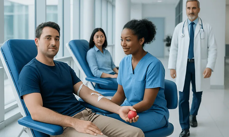 Patient donating blood in a modern hospital setting with medical staff present.