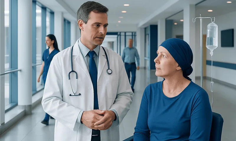 Doctor consulting a patient in a hospital corridor.