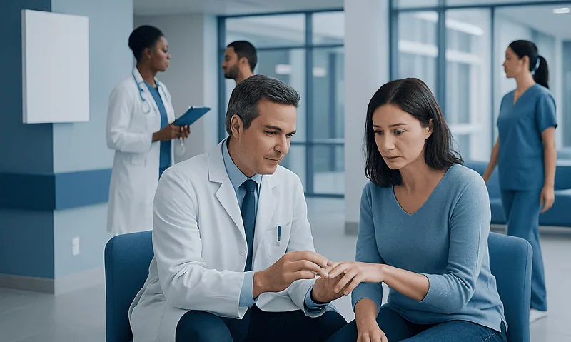 Doctor examining patient's hand in a hospital setting.