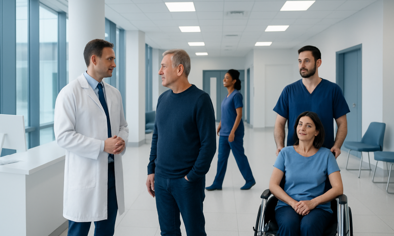 Bowel and Bladder Dysfunction Treatment: How It Works, Results and What to Expect 18 Medical team consulting patient in hospital corridor.