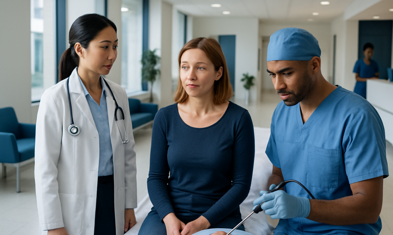 Medical consultation with a female patient and healthcare professionals in a hospital.