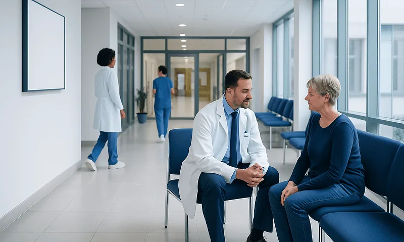Doctor consulting with a senior patient in a modern hospital corridor.