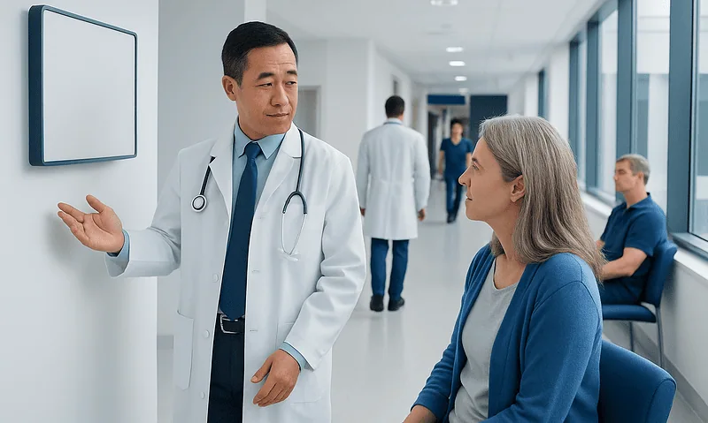 Doctor explaining treatment options to a patient in a hospital corridor.