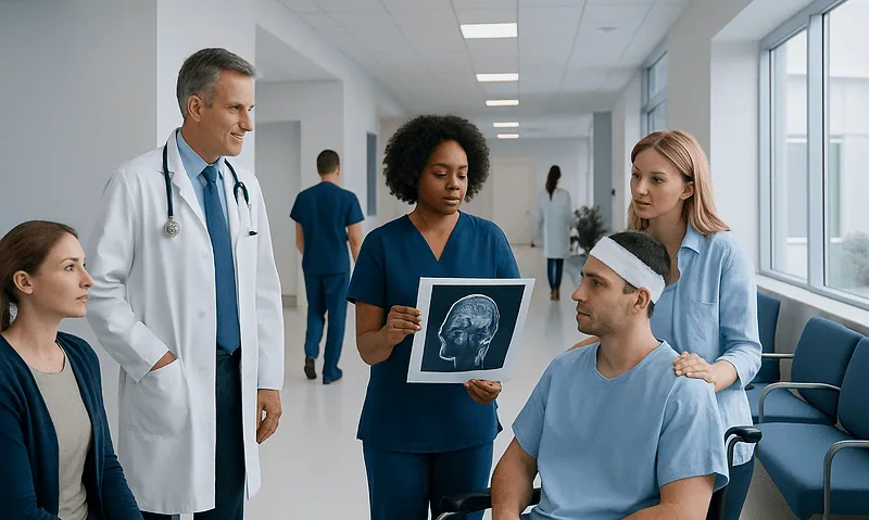 Medical team discussing brain scan with patient in hospital corridor.