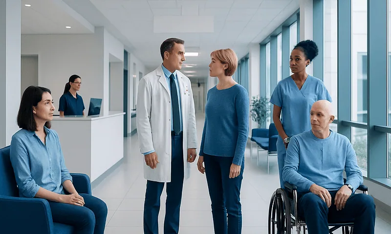 Medical team consulting with patient in hospital corridor.