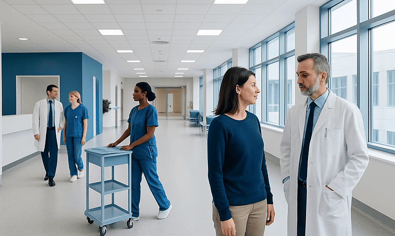 Medical professionals and a patient in a modern hospital corridor.