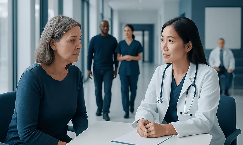 Doctor consulting with a patient in a hospital corridor.