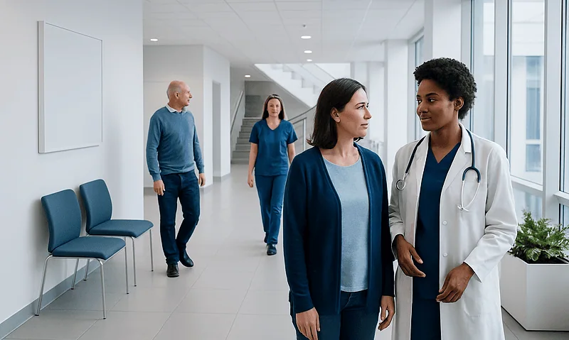 Medical professionals and patients in a modern hospital corridor.