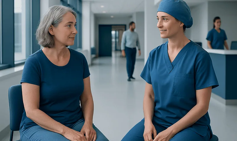 Patient consulting with nurse in hospital corridor.