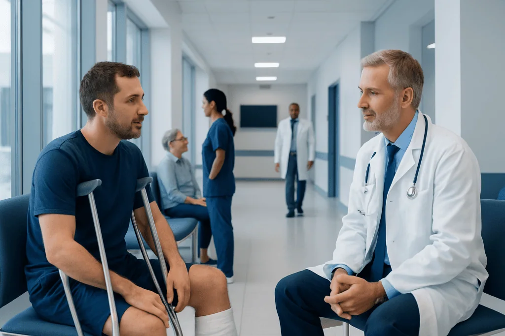 Broken Heel Treatment: How It Works, Results and What to Expect 1 Patient with crutches consulting with doctor in hospital corridor.