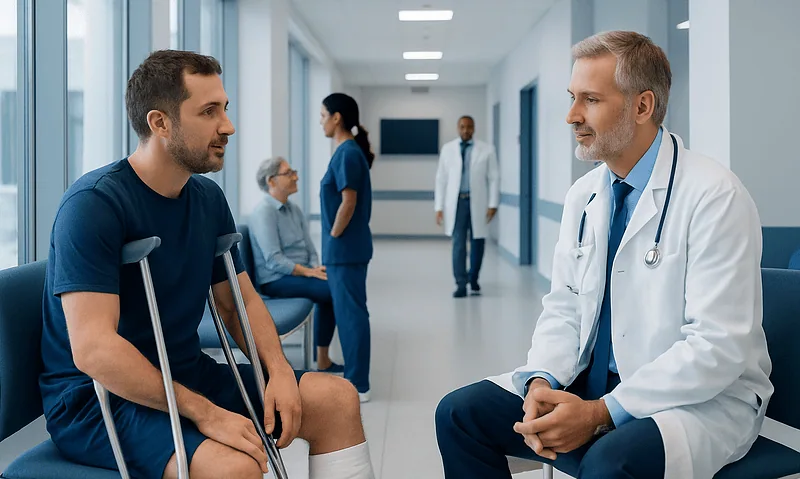 Patient with crutches consulting with doctor in hospital corridor.