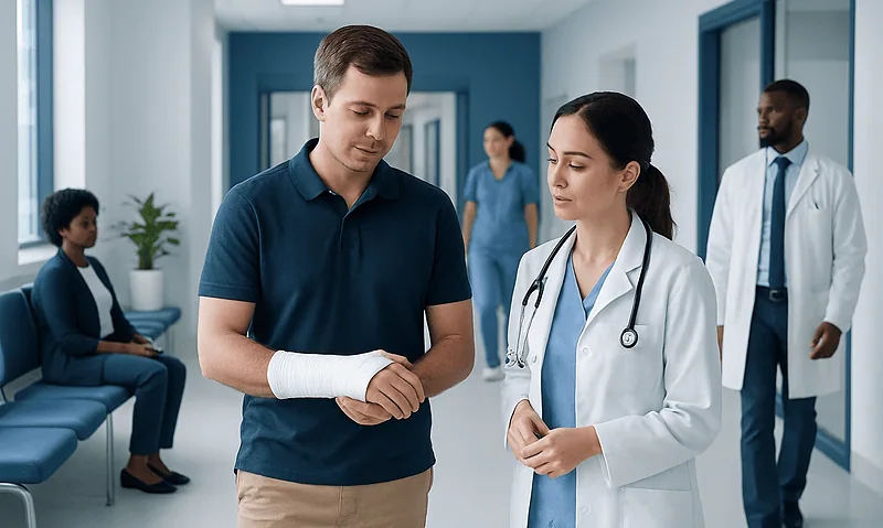Patient with arm injury consulting with doctor in hospital corridor.