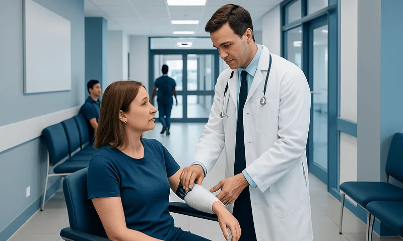 Doctor examining a patient's arm in a hospital corridor.