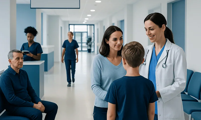 Doctor talking to young patient and mother in hospital corridor.