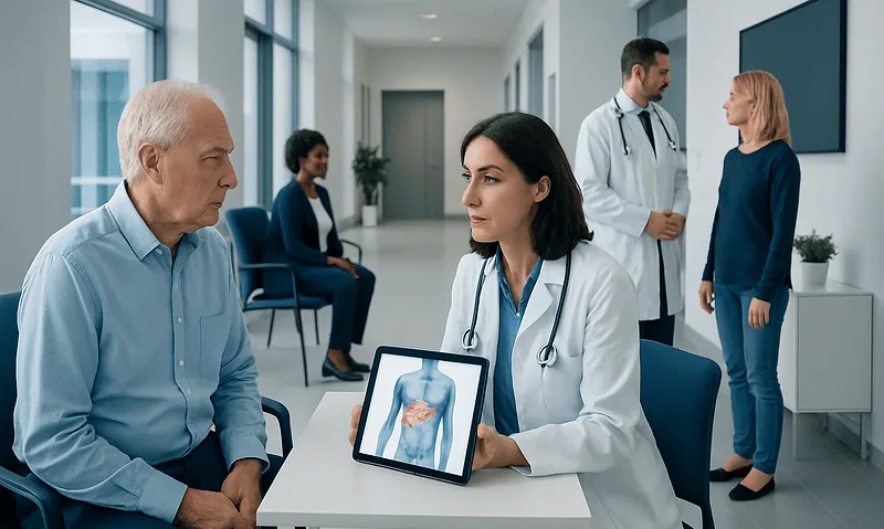 Cancer of the Pancreas Screening: How It Works, Results and What to Expect 4 Doctor explaining pancreatic cancer screening to an elderly patient in a hospital.
