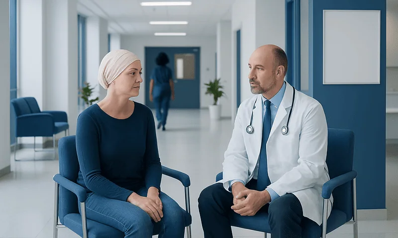 Patient consulting with doctor in hospital corridor.