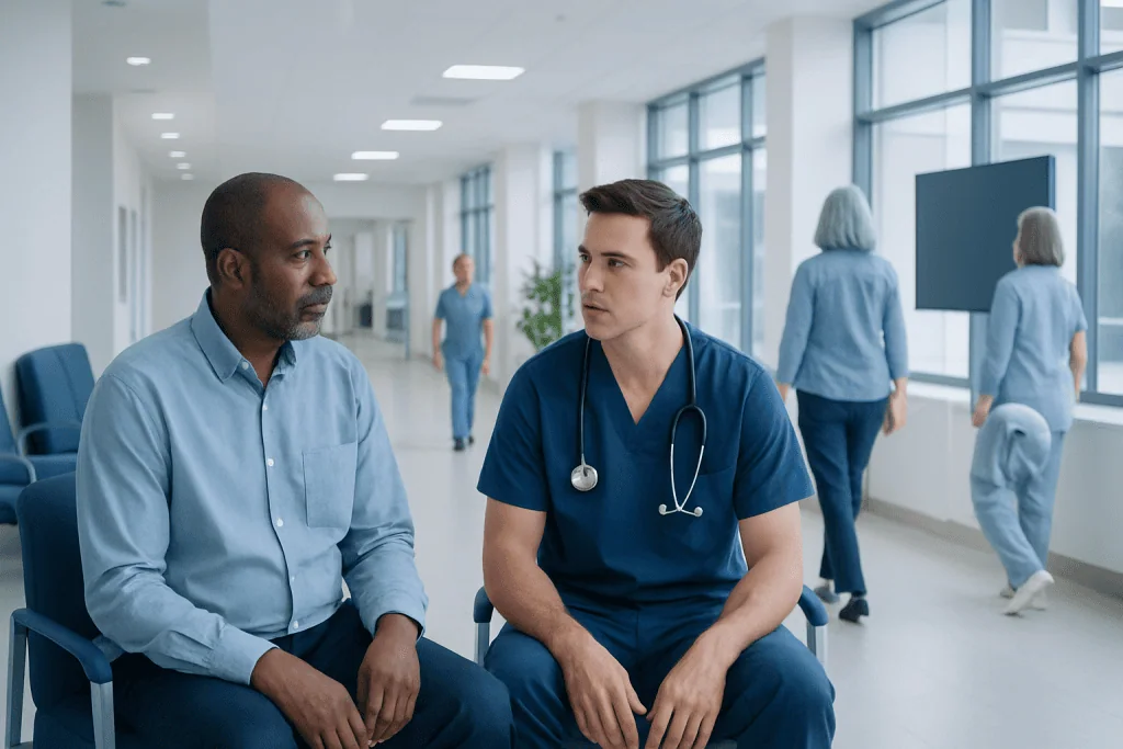 Cancer Screening for Men: How It Works, Results and What to Expect 1 Doctor consulting with patient in hospital corridor.