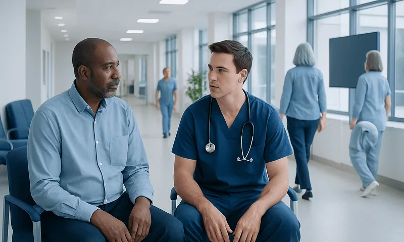 Doctor consulting with patient in hospital corridor.
